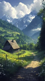 Mountain valley path with cabin, wildflowers, and clouds.