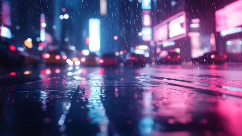 Neon-lit wet city street with bokeh traffic in heavy rain.