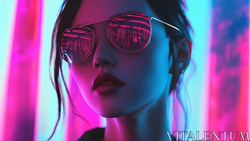 Neon-lit female portrait with reflective aviator optics rendered.