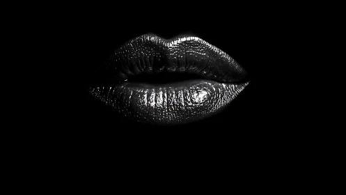 Glossy metallic lips close-up on deep black background.