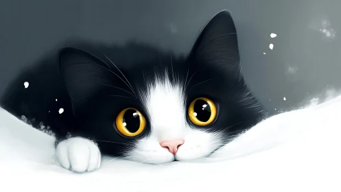 Black and white cat with golden eyes in snow.