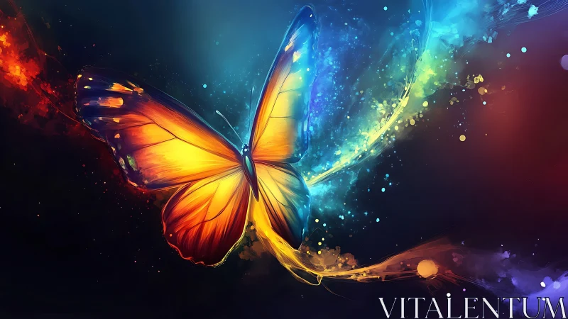 Butterfly is rendered with multicolor wings on dark background
