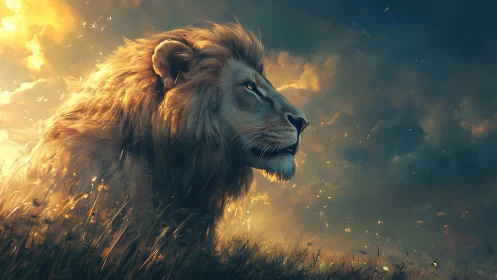 Majestic lion in glowing sunset stormscape profile.