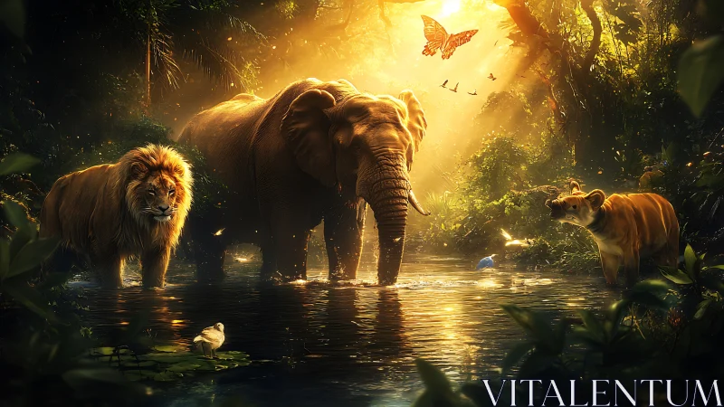 Elephant and Lions in Golden Jungle Stream.