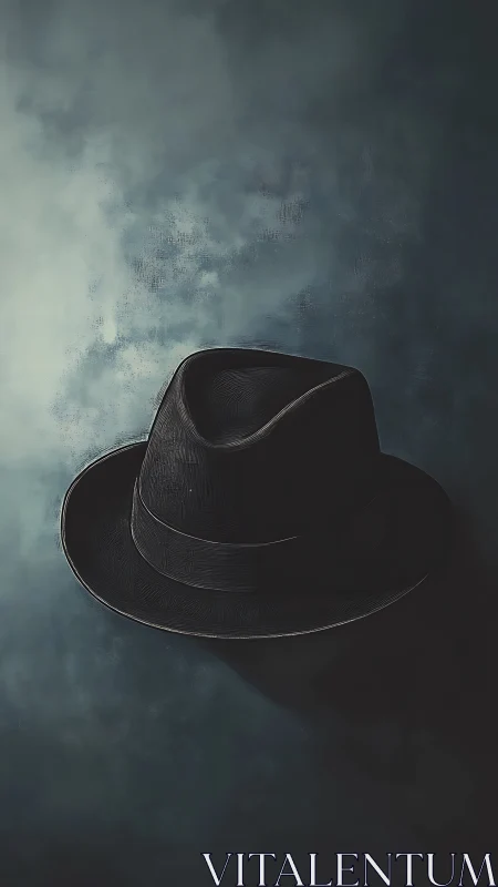 Midnight fedora silhouette on textured teal backdrop.