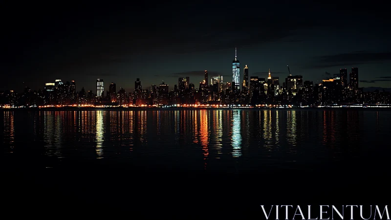 Midnight skyline glow over calm river reflections panorama.