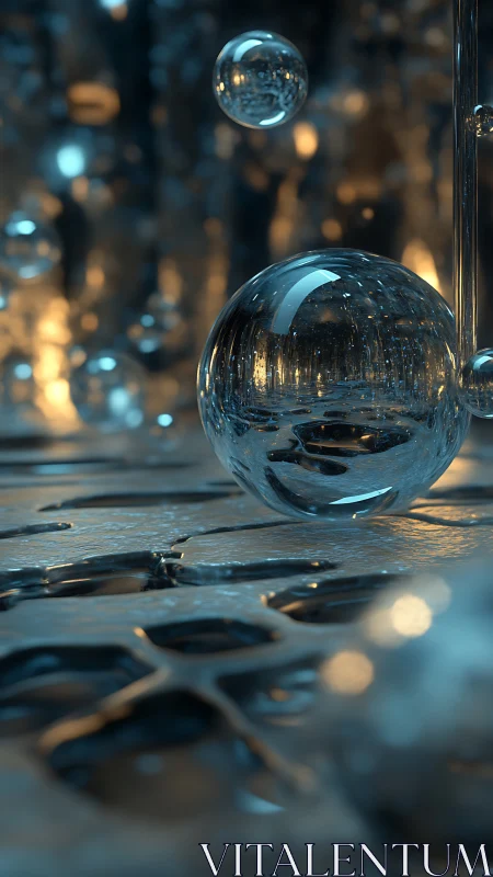 Reflective glass spheres on metallic surface in bokeh scene.