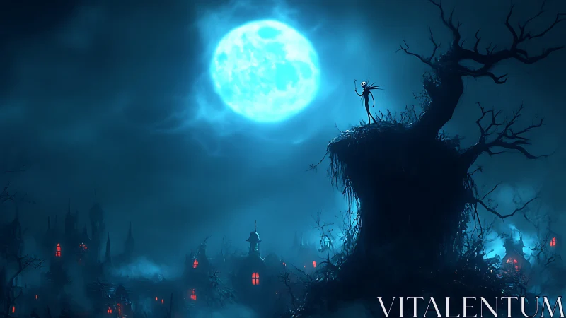 Moonlit skeletal figure stands on gnarled hill above town