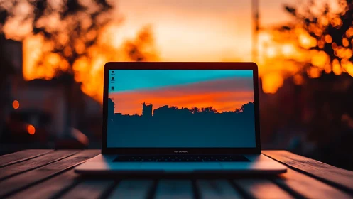 Laptop sunset portal echoing the sky’s burning horizon.