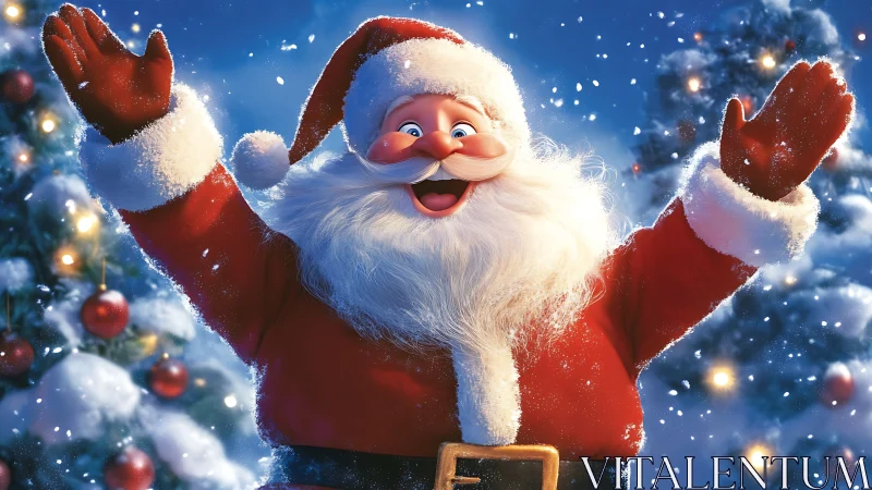 Joyful Santa Claus celebrates in snowy illuminated forest scene