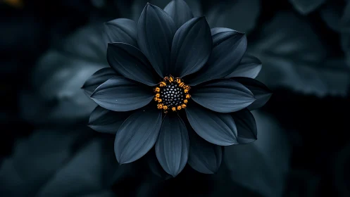 Dark petaled flower with golden center glows against blurred background.
