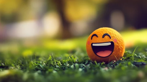 Smiling orange emoji ball glows with joy in sunny grass