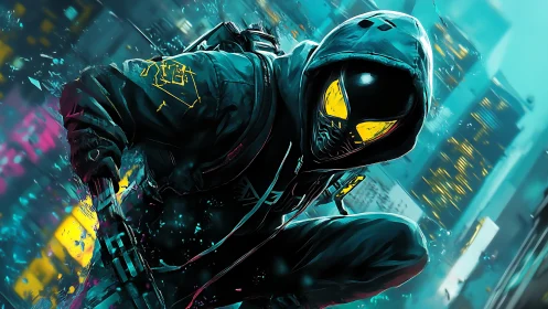 Cybernetic vigilante crouches above neon drenched cityscape
