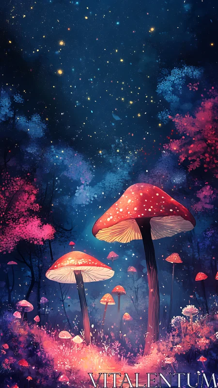 Giant red mushrooms rise in a glowing, starry night forest