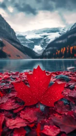 Red maple leaf anchors alpine lake under brooding sky.