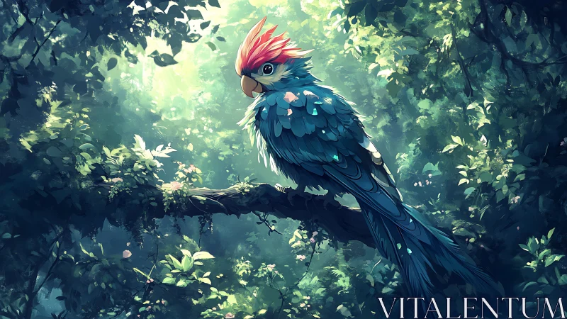 Vibrant Fantasy Parrot Perched on Jungle Branch, Digital Art Style.
