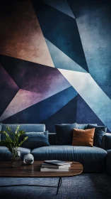 Geometric mural frames a modern blue sofa in cozy lounge.