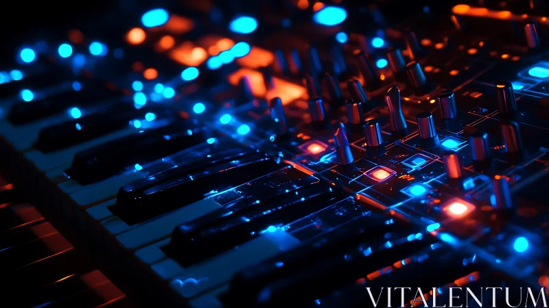 Neon-lit synthesizer keys with glowing modular controls at night.