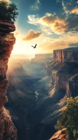 Sunlit canyon walls frame distant river and soaring bird
