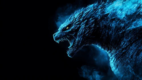 Bioluminescent kaiju profile in blue backlit side roar.