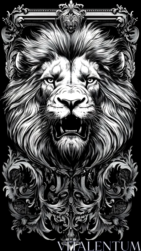 Regal lion portrait framed in swirling baroque detail.