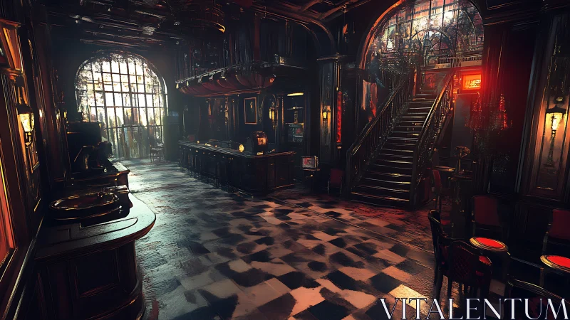 Digital baroque staircase lounge in dramatic chiaroscuro lighting.