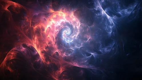 Spiraling nebula of red and blue cosmic energy forms center