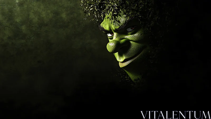 Green cartoon face emerging from dark leafy shadows.