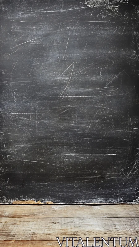 Worn classroom chalkboard with rustic wooden floor base.