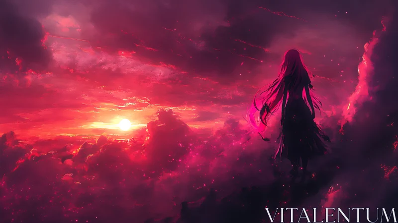 Backlit anime figure observes high-altitude crimson nebular sunset