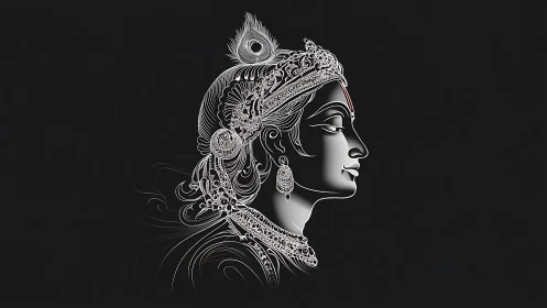 Ornate line art profile of Indian goddess on black.