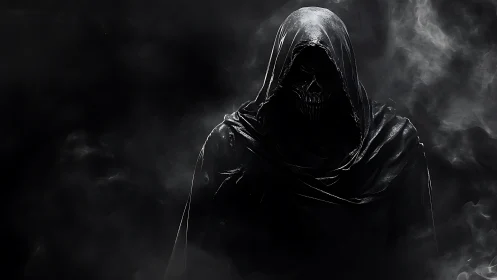 Hooded skeletal wraith emerges from swirling black smoke