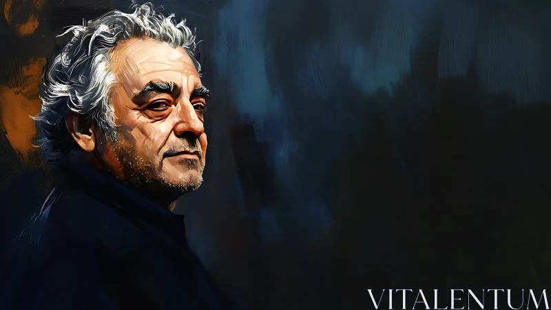 Older man in profile against dark abstract background.