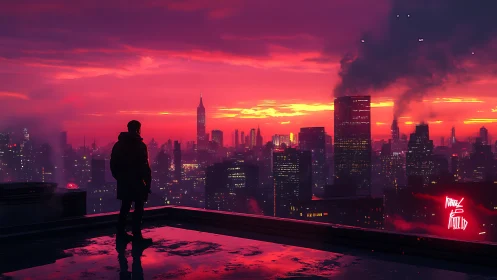 Solitary figure on rooftop above dense sunset city skyline.