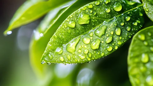 Macro study of dew-laden green foliage in shallow focus.