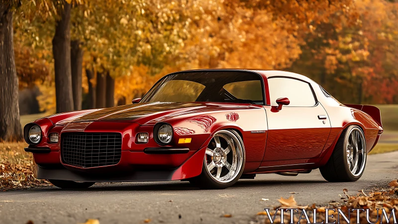 Classic red muscle car parked on autumn tree-lined road.