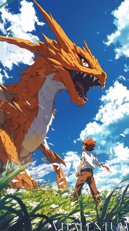 Boy confronts towering orange dragon under vibrant sky.