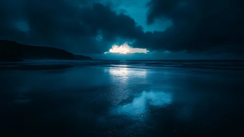 Nocturnal littoral horizon under cyan luminance window.