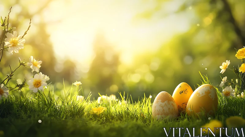 Yellow eggs rest in bright grass under strong backlight