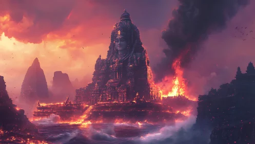 Temple of the Burning Sea God in molten dusk storm.