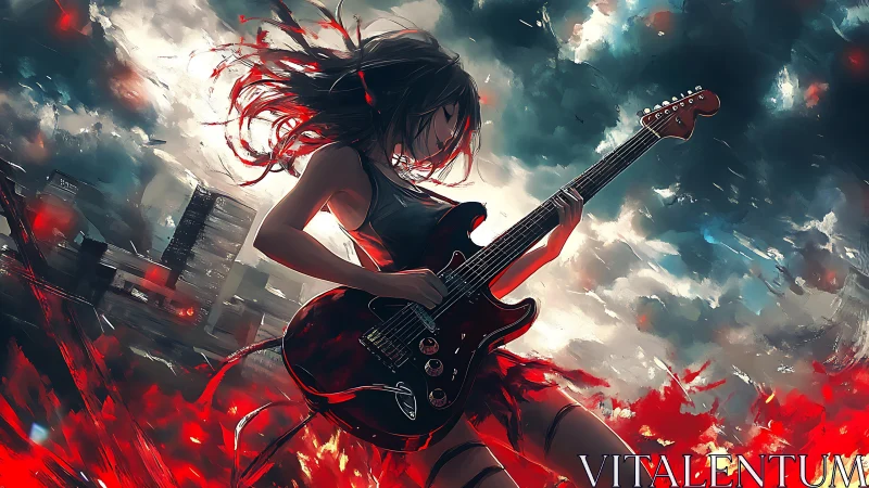 Female guitarist stands in dynamic cityscape with red accents
