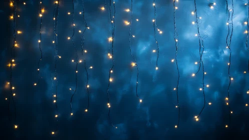 Warm fairy lights fall softly against a dreamy blue wall