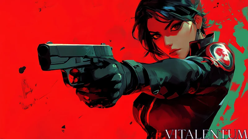 Armed character in black tactical suit on red abstract field.