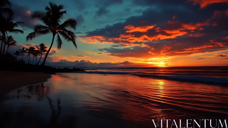 Photorealistic tropical shoreline at incendiary sunset horizon.