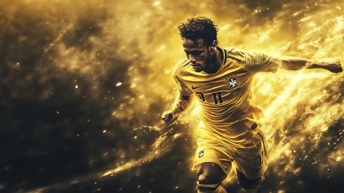 Kinetic Brazilian forward rendered in molten golden motion field.