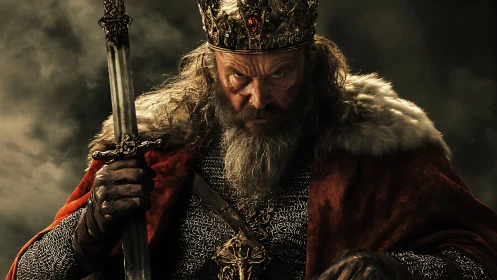 Storm-eyed medieval king gripping a battle-worn sword.