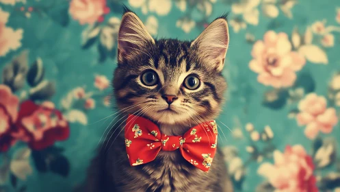 Tabby cat wearing red bow tie against floral wallpaper background