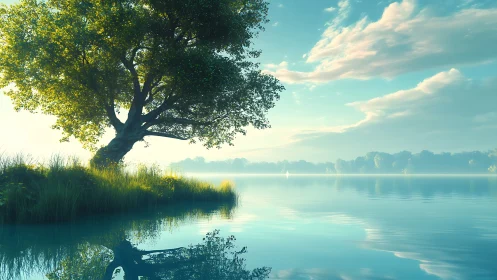 Sunlit lakeside tree reflected in calm morning water.