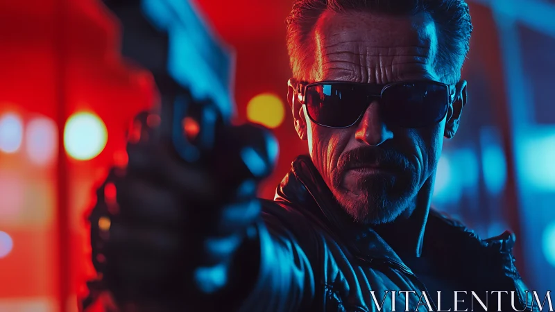 Gunman wearing sunglasses aims weapon under neon lights