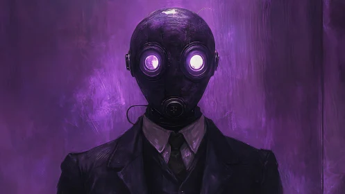 Figure in gas mask and suit is rendered in violet lighting
